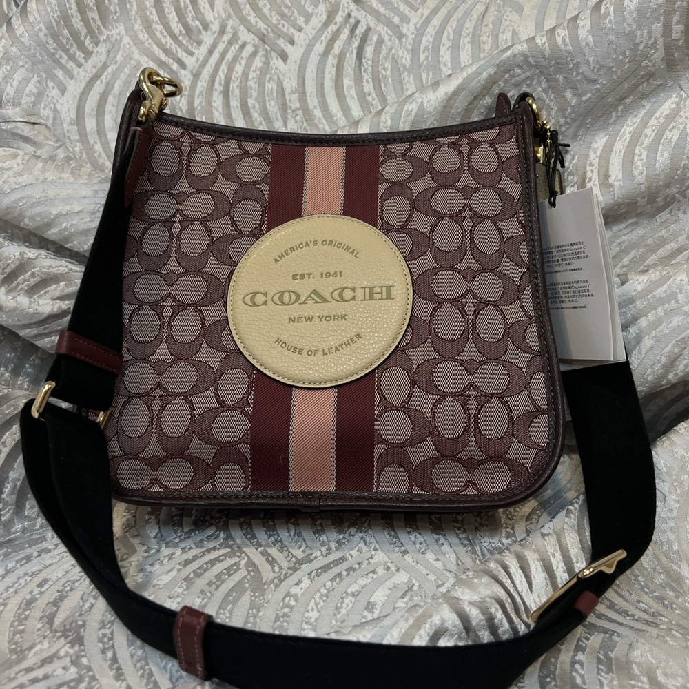 NWT Coach Dempsey File Bag Signature Jacquard Varsity Stripe Wine Crossbody